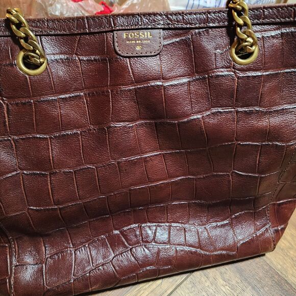 FOSSIL MIMI SHOPPER DARK BROWN CROCODILE LEATHER TOTE,GOLD CHAIN SHOULDER BAG - Picture 8 of 16